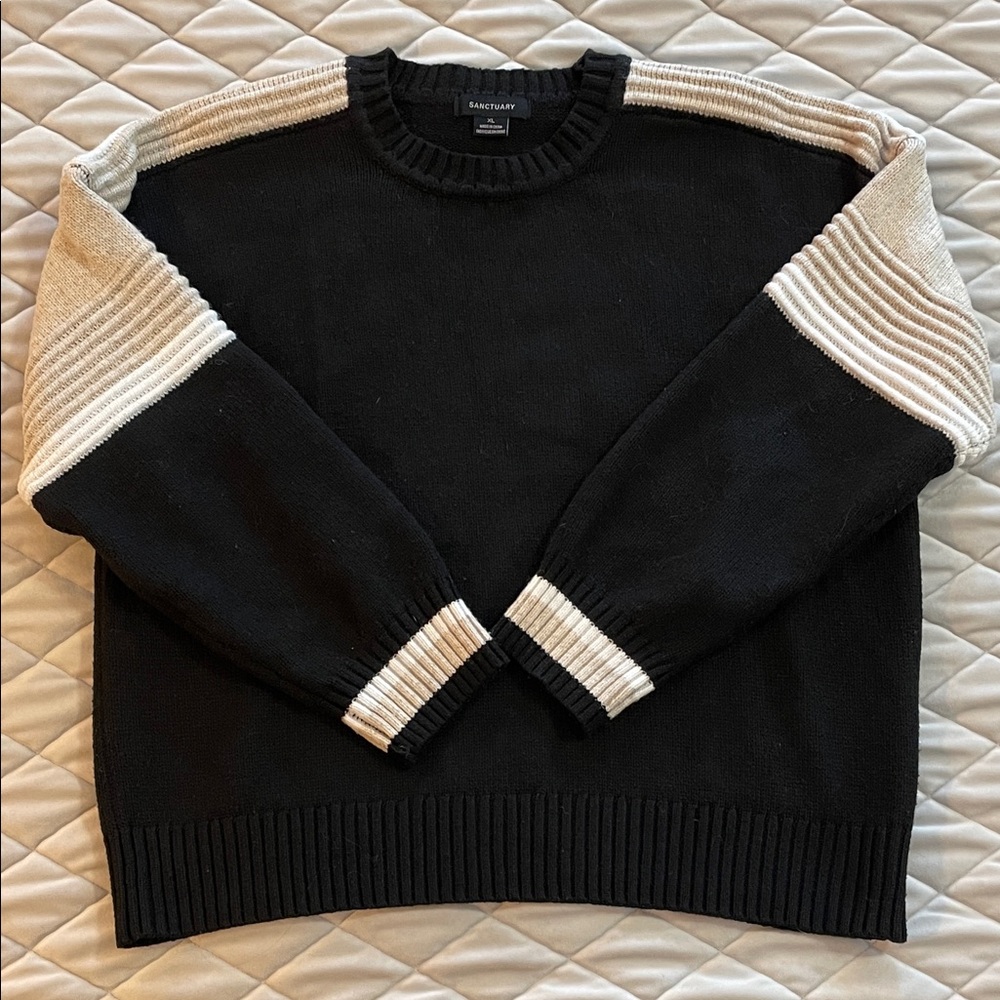 Sanctuary Women’s Black Crewneck Sweater with Cream Shoulder and Cuff Panels